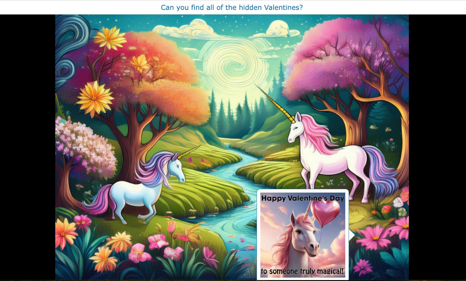 BookWidgets Hotspot Image activity titled 'Find the Hidden Valentines' using an AI-generated unicorn image with clickable areas
