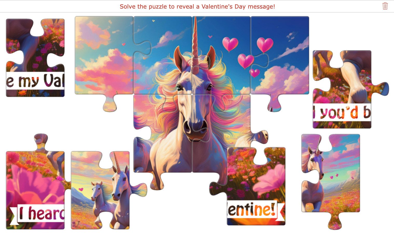 Playable BookWidgets Jigsaw Puzzle featuring an AI-generated image of a whimsical unicorn holding a heart balloon
