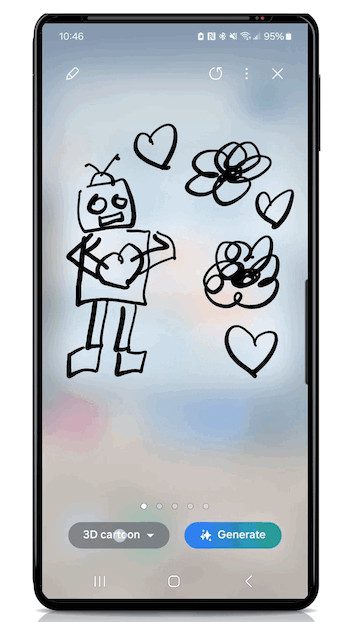 GIF demonstrating changing the art style of an AI-generated robot image from 3D cartoon to illustration using Samsung's Drawing Assist sketch-to-image feature