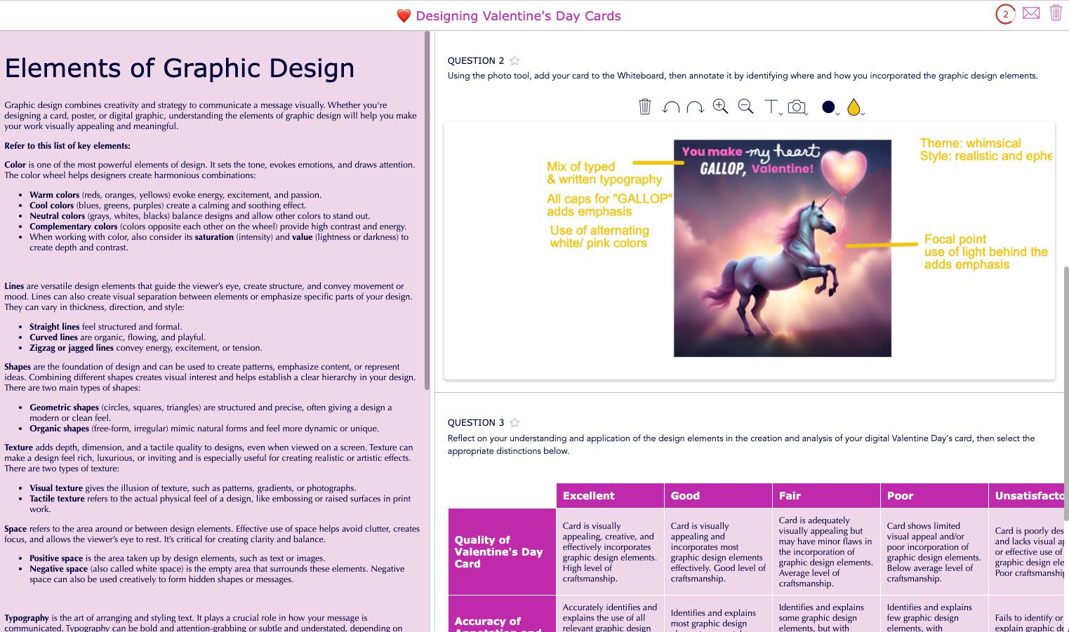 BookWidgets Split Worksheet activity about graphic design principles for creating Valentine's Day cards, including image upload and annotation questions