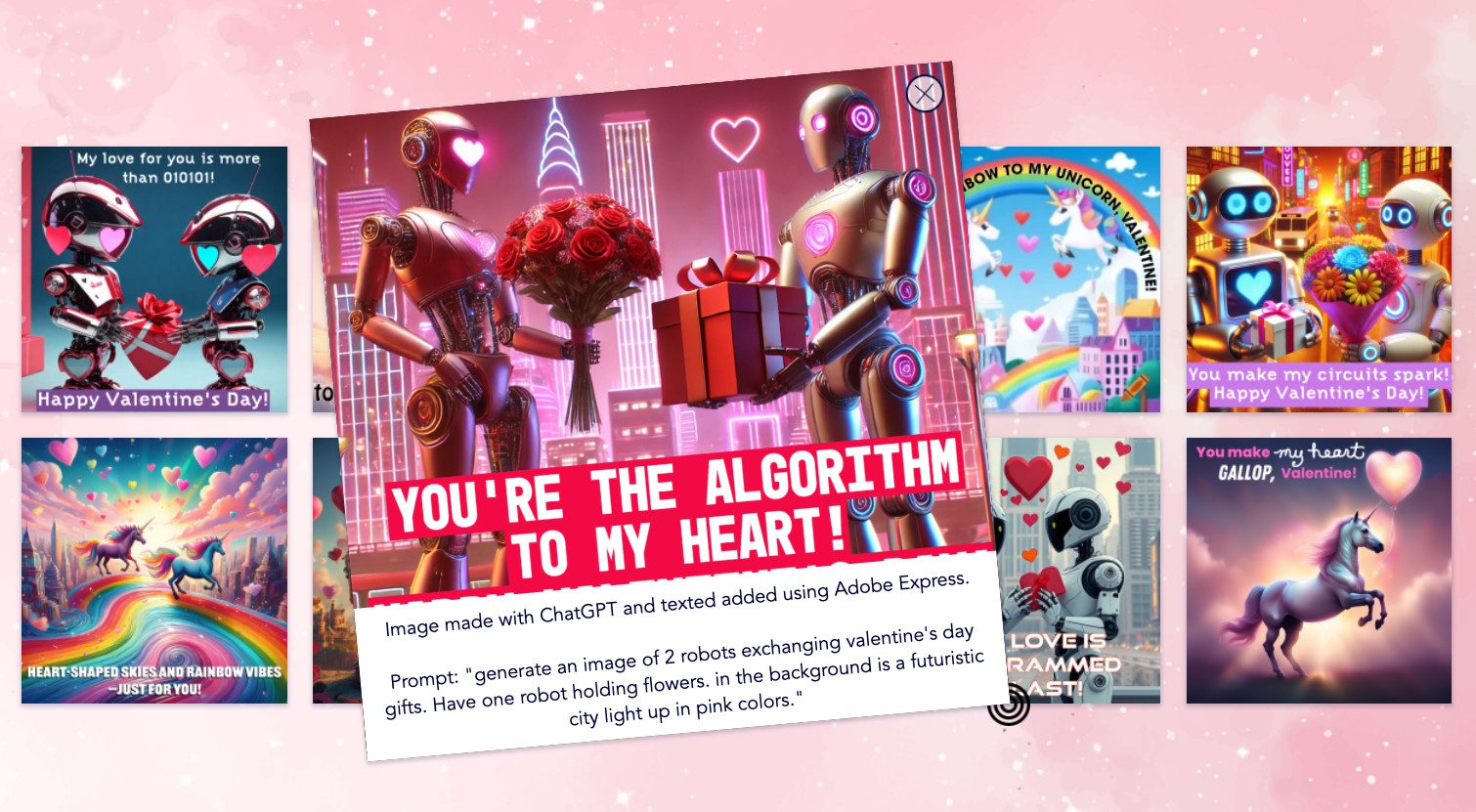 BookWidgets Tip Tiles widget showcasing various AI-generated Valentine's Day card examples with descriptions of tools and prompts used
