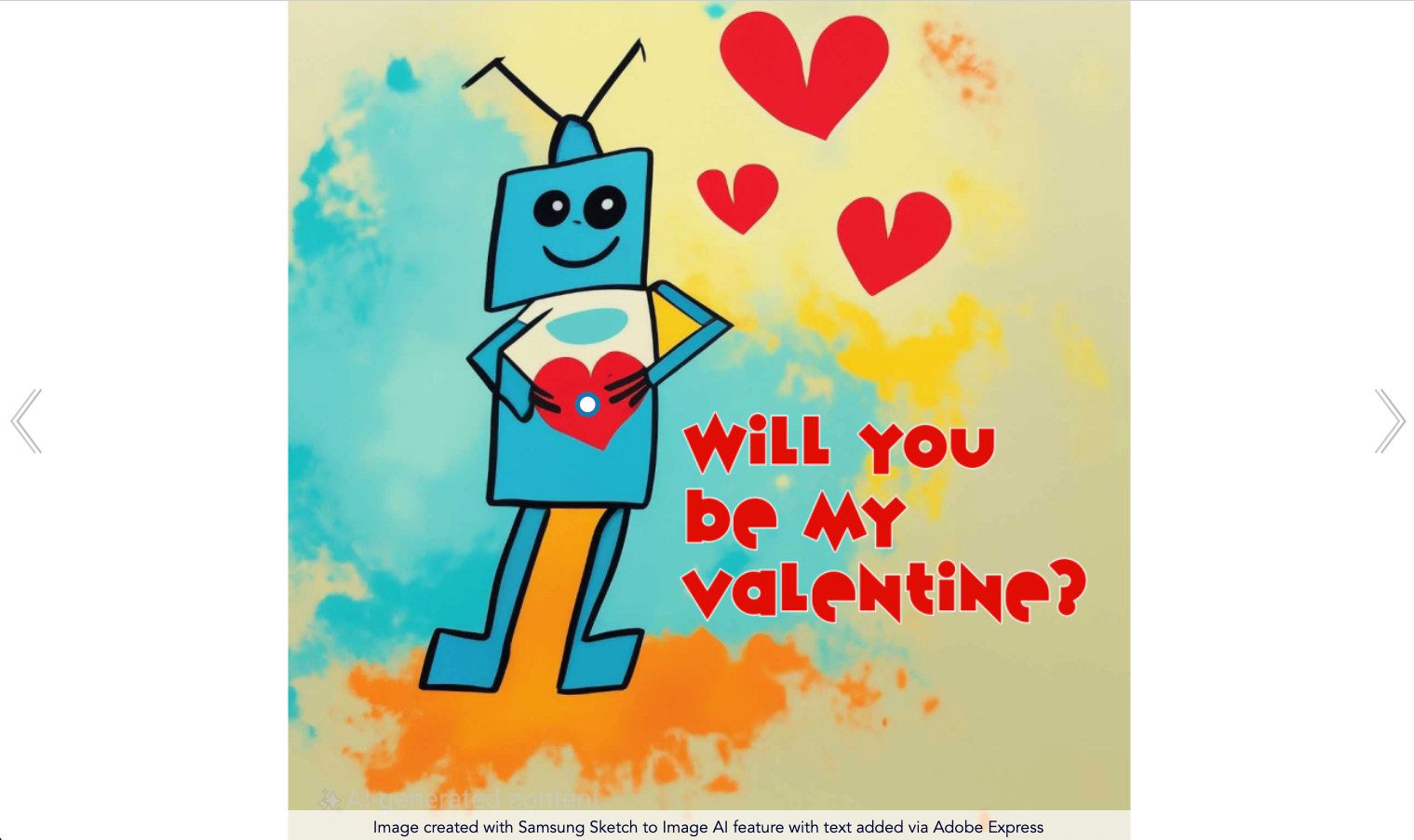 BookWidgets Image Carousel widget displaying AI-generated robot Valentine images with clickable hotspots revealing messages