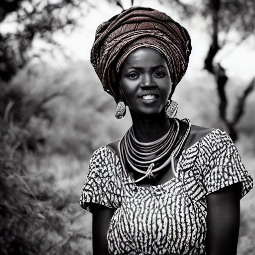 AI-generated portrait of a Kenyan woman in traditional attire, black and white cinematic style