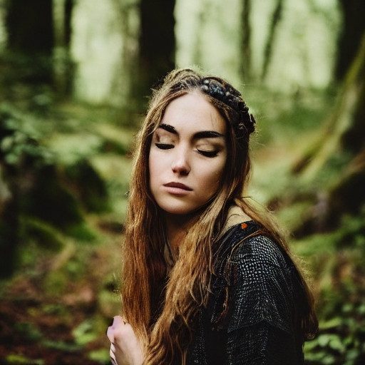 AI-generated image depicting a woman with Celtic features and long hair in a forest setting