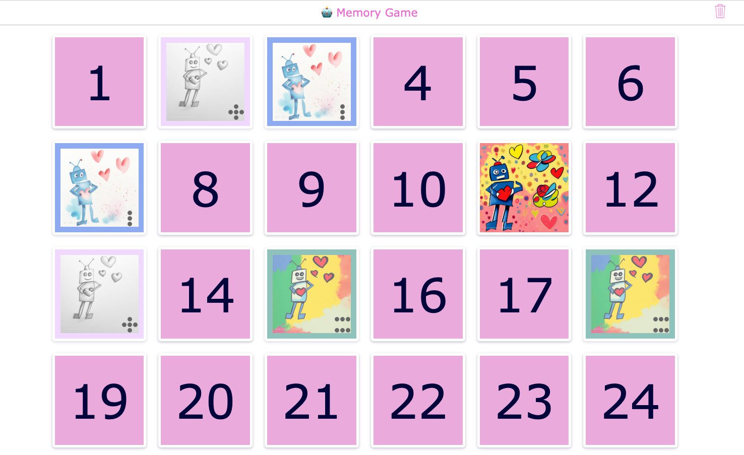 BookWidgets Memory Game activity using the same AI-generated robot images from the Pair Matching example