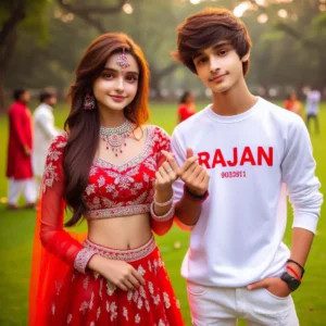Realistic AI photo of a 21-year-old Indian couple on Promise Day, girl in red lehenga, boy in white t-shirt with 'Rajan' name, blurred park background.