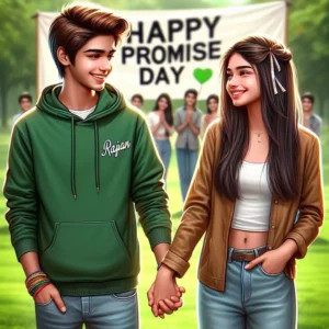 AI-generated image of a young Indian couple making a promise in a park for Happy Promise Day, boy wearing green hoodie with custom name.