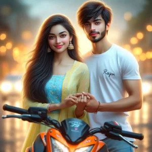 Realistic AI picture of a 20-year-old Indian couple promising each other beside a KTM Duke bike, girl in yellow kurti, boy in white t-shirt with 'RAJAN' name.
