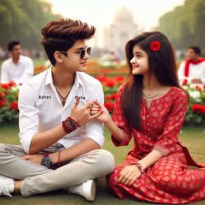 High-quality 4k AI image of a 17-year-old Indian couple making a promise in a park, wearing personalized shirts with names 'Rajan' and 'NEHA'.