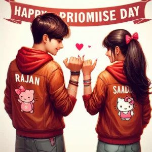 AI image of a couple in matching hoodies with names 'Rajan' and 'SADIA' on the back, doing a pinky promise with a 'Happy Promise Day' banner behind them.
