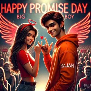 Realistic AI photo of Indian teens (19yr boy 'RAJAN', 15yr girl) promising on stage, 'HAPPY PROMISE DAY' neon sign, audience background.