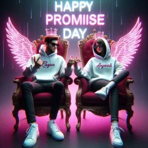 3D illusion AI image for Promise Day: Couple in white hoodies ('Rajan' &amp; 'Anjali') on a throne, pinky promise, neon lights, angel wings effect.