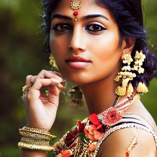 AI-generated portrait of a woman of Indian appearance adorned with gold jewelry and flowers