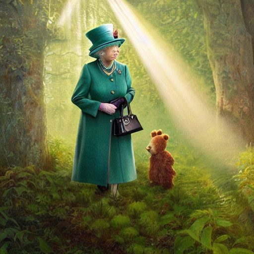 AI image generation demonstrating difficulty with faces, showing a figure resembling the Queen with a blurred face and a distorted Paddington Bear