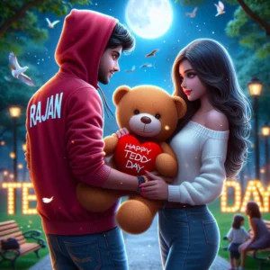 Realistic AI photo of a 19-year-old boy ('RAJAN' on hoodie) giving a white teddy to a 15-year-old girl in a park at night under the moon, 'Happy Teddy Day' text