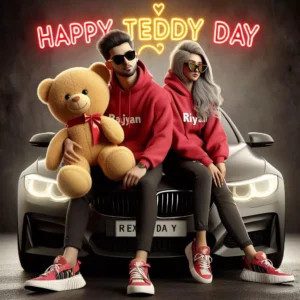 AI generated image of a couple in red hoodies sitting on a BMW car, boy giving girl a large teddy bear, 'Happy Teddy Day' neon sign, names 'Rajan' and 'Riya' visible