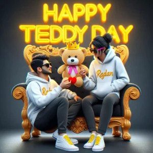 3D AI illusion image of a couple ('RAJAN', 'Radha') on a throne, boy proposing with teddy, 'Happy Teddy Day' neon lights in yellow and red