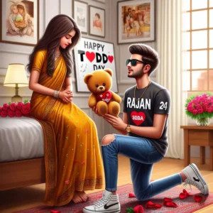 Realistic AI image of boy ('RAJAN ❤ SOBHA' on shirt) proposing with a teddy to a girl in a saree, room decorated with roses, 'Happy Teddy Day' neon sign