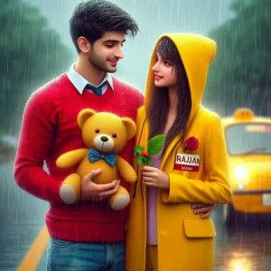 Hyperrealistic AI photo of a boy ('RAJAN' on shirt) giving a teddy to a girl ('VAISHALI') in a yellow suit on a road after rain