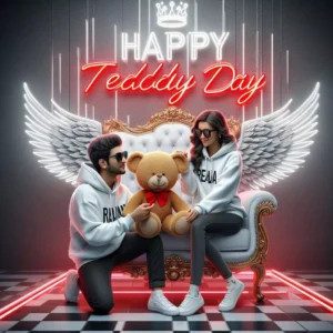 3D AI image of a young couple on a throne for Teddy Day, boy proposing with teddy, custom names 'Rajan' and 'Anjali' on hoodies, angel wings effect