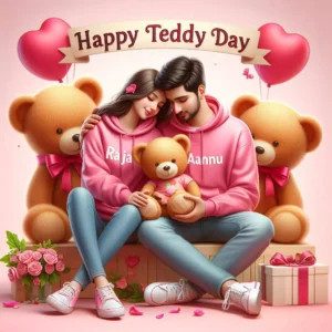 3D illustration of a close couple in sky blue hoodies sharing one teddy bear, names 'Rajan' and 'Riya' on hoodies, 'Happy Teddy Day' banner behind