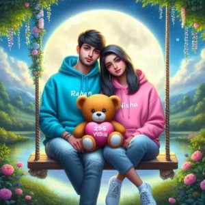 Detailed AI art painting of a couple (Rajan, Preeti) on a swing with a teddy bear in greenery, moonlight setting, 'Happy Teddy Day' text visible